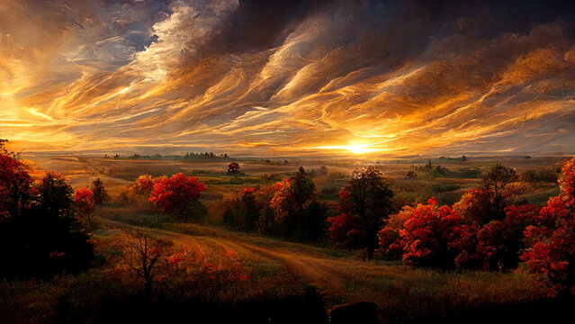 Beautiful landscape - autumn forest during sunset, orange leaves. hand painted picture