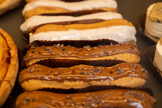 French sweet dessert filled with cream fresh baked eclers cakes