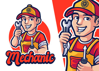 Mechanic Mascot Cartoon Logo. Man Character Profession Logo