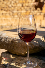 Tasting of red wine by old wine maker in Pierres Dorées region with yellow stone houses on south of Beaujolais region, France