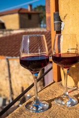 Tasting of red wine by old wine maker in Pierres Dorées region with yellow stone houses on south of Beaujolais region, France