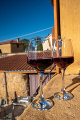 Tasting of red wine by old wine maker in Pierres Dorées region with yellow stone houses on south of Beaujolais region, France