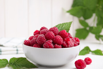 Bowl of fresh ripe raspberries with green leaves on white table
