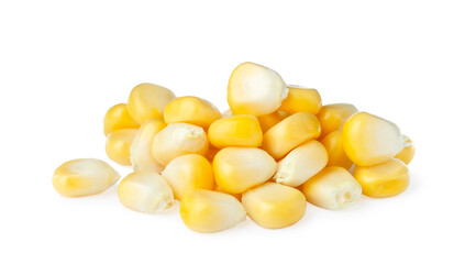 Pile of tasty fresh corn kernels on white background