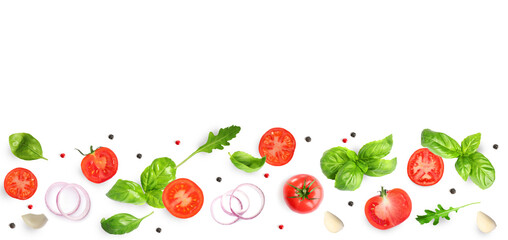 Fresh ripe tomatoes with garlic, onion, basil, arugula and peppercorns on white background, top view. Banner design