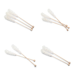 Set of wooden sticks with sugar crystals on white background. Tasty rock candies