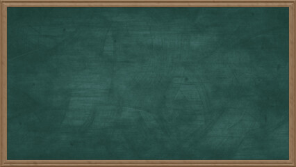 Empty green chalkboard background with wooden frame. Dirty erased chalk texture on blank blackboard with copyspace and wood border. Restaurant menu or back to school education concept. 3D rendering.