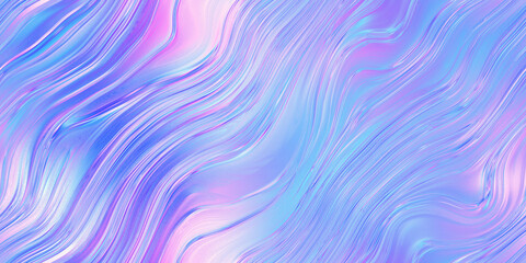 Obraz premium Seamless 80s holographic pink and blue frosted molten plastic plexiglass waves background texture. Trendy iridescent abstract neon webpunk or vaporwave aesthetic surreal wavy pattern. 3D rendering.