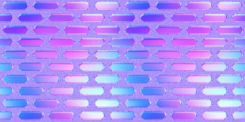 Seamless 80s holographic pink and blue perforated frosted plastic plexiglass abstract brick mesh background texture. Trendy iridescent webpunk or vaporwave aesthetic surreal pattern. 3D rendering.