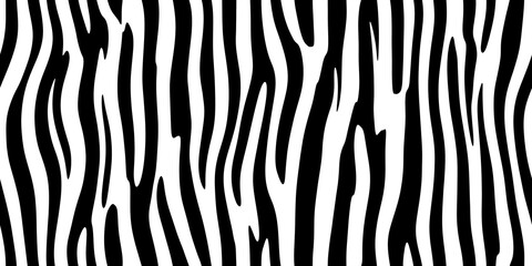 Seamless vertical zebra skin or tiger stripe pattern. Tileable black and white safari wildlife animal print background texture. Monochrome warbled abstract wavy wonky glitch lines fur coat motif.