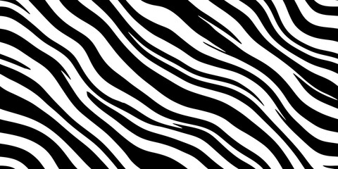 Fototapeta na wymiar Seamless diagonal zebra skin or tiger stripe pattern. Tileable black and white safari wildlife animal print background texture. Monochrome warbled abstract wavy wonky glitch lines fur coat motif.