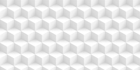Seamless abstract minimal white isometric cubes background texture. Elegant modern geometric squares wallpaper pattern. Tileable subtle light grey technology backdrop design template. 3d rendering.