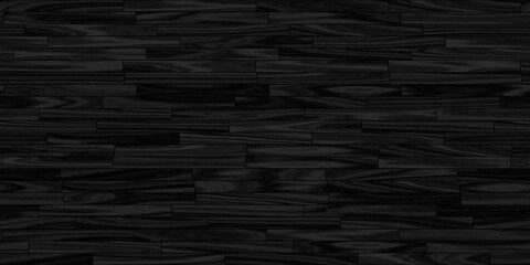 Seamless dark black rustic old wood floor or wall background texture. Tileable charcoal grey hardwood planks flatlay design backdrop with copyspace. High resolution wallpaper pattern. 3D Rendering.