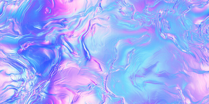 Seamless 80s holographic pink and blue frosted molten plastic jelly waves background texture. Trendy iridescent abstract neon webpunk or vaporwave aesthetic surreal wavy marble pattern. 3D rendering.