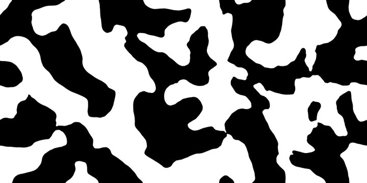 Seamless large mottled cow skin, dalmatian or calico cat spots pattern. Tileable black and white safari wildlife animal print background texture. Abstract boho chic camouflage fur coat fashion motif.