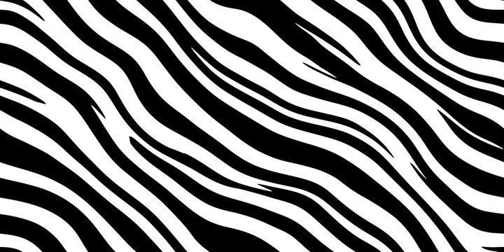Seamless diagonal zebra skin or tiger stripe pattern. Tileable black and white safari wildlife animal print background texture. Monochrome warbled abstract wavy wonky glitch lines fur coat motif.