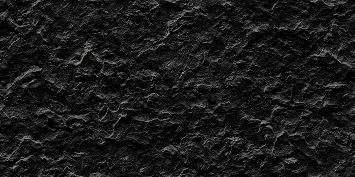 Seamless dark black rough old concrete grunge background texture. Tileable rustic charcoal grey slate rock face design backdrop with copyspace. High resolution marble or stone pattern. 3D Rendering.