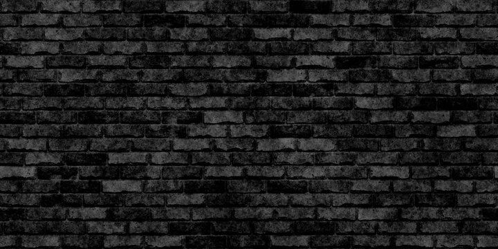 Seamless dark black rough old subway brick wall background texture. Tileable rustic charcoal grey worn grungy brickwork design backdrop with copyspace. High resolution wallpaper pattern. 3D Rendering.