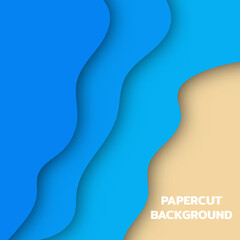 Blue background wave paper art design. Modern 3d paper cut art template with abstract curve shapes, green color. Vector paper cut illustration. background for flyers, banners, presentations and poste
