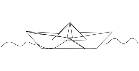 Continuous one line drawing of floating paper boat. Business icon. Vector illustration on isolated background.