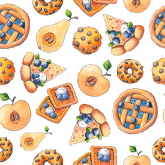 Sweet pastries: berry pie, fruit pie, waffles, cookies. Autumn illustration, painted in watercolor. Seamless pattern.