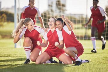 Celebrate, winning and success female football players with fist pump and hurray expression. Soccer team, girls or friends on a field cheering with victory sign, celebrating win in a sports match
