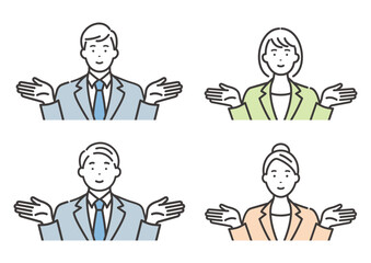 両手を広げてアピールする男女のビジネスパーソン