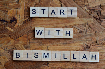 start with bismillah text on wooden square, religion quotes