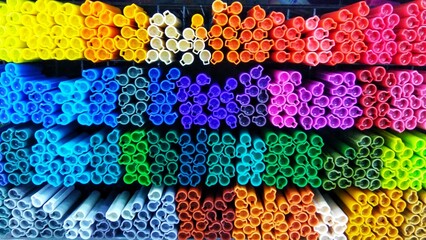 high angle colorful pens on stationery shelf
