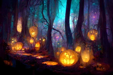 Fototapeten glowing pumpkin heads in dark halloween magic forest, neural network generated art. Digitally generated image. Not based on any actual scene or pattern. © lucky pics
