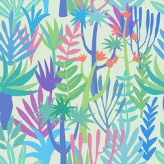 Seamless flora pattern. Cartoon vegetation. Vector graphics