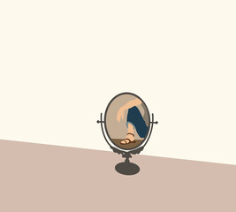 Woman sitting on floor reflected in mirror. Elegant and artistic of a mini circular mirror. Minimalize concept.