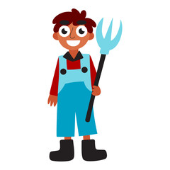 Teenager in Farmer costume with pitchfork for Halloween vector illustration. Happy hispanic boy in farmer costume isolated on white. Funny Halloween party character