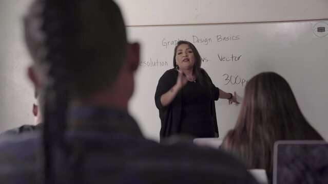 Native American teacher teaching a class on graphic design