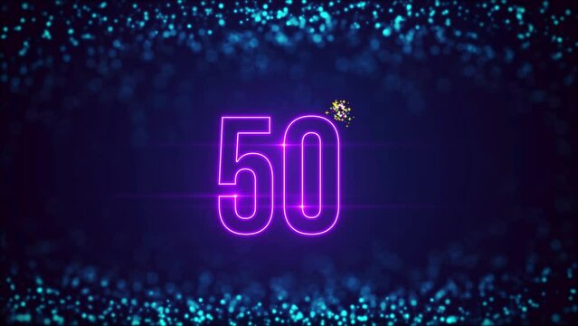 Festive Blue Purple Colorful Happy 50th Anniversary Magic Text Reveal With Neon Light Flare on Blue Shine Digital Space Blurry Top Bottom Glitter Sparkle Dust Background
