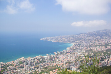Fototapeta na wymiar Beautiful view of the funicular at the resort town of Jounieh from Mount Harisa, Lebanon