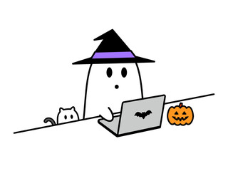 ハロウィン パソコンで検索をするオバケ © グラ
