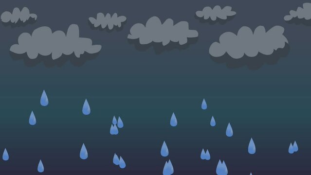 4k rainy cloud waterdrop with storm light effect cartoon animation, raining fall with dark sky gradient  blue dark illuminated choma