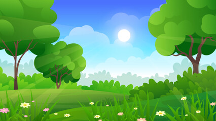 Beautiful nature tropical forest or hill with green grass, trees and mountain cartoon illustration