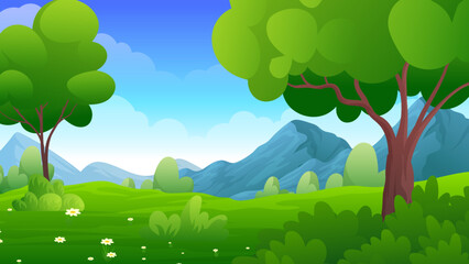 Nature Summer forest landscape with mountains green field, trees under blue sky