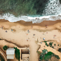 aerial view of coastline, beach, ocean, waves, oceanside town