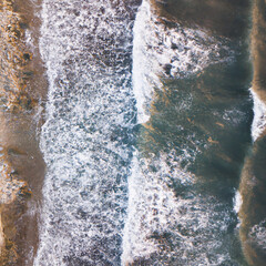 aerial view of coastline, beach, ocean, waves, oceanside town