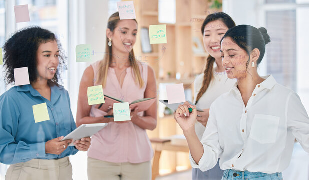 Post it, schedule or writing vision idea in business meeting, training or innovation coaching with sticky notes. Motivated, diverse or creative women planning startup marketing strategy with kpi data