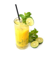 Mango mojito in highball glass with sliced mango isolated on white background