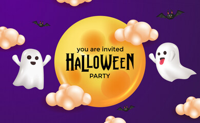 flying spirit ghost illustration with purple night happy halloween party invitation