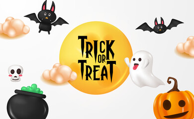 Trick or treat party halloween banner with bat, spirit, pumpkin jack o lantern with cauldron banner