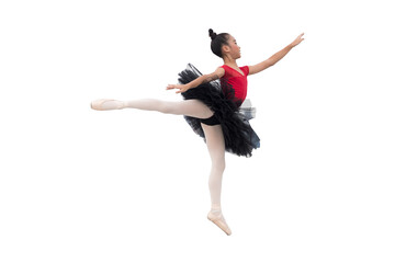 Asian ballerina dancer girl in red and black dress practicing ballet dancing on white background