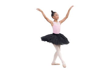 Fototapeta na wymiar Asian ballerina dancer girl in pink and black dress practicing ballet dancing on white background