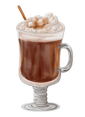 Beautiful glass cup with coffee. Image of coffee in a watercolor style. Isolated illustration on a white background.
