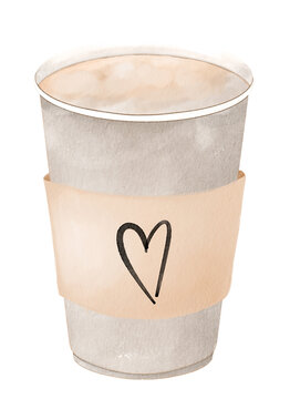 Cup of coffee. Image of a paper cup of coffee in a watercolor style. Isolated illustration on a white background.